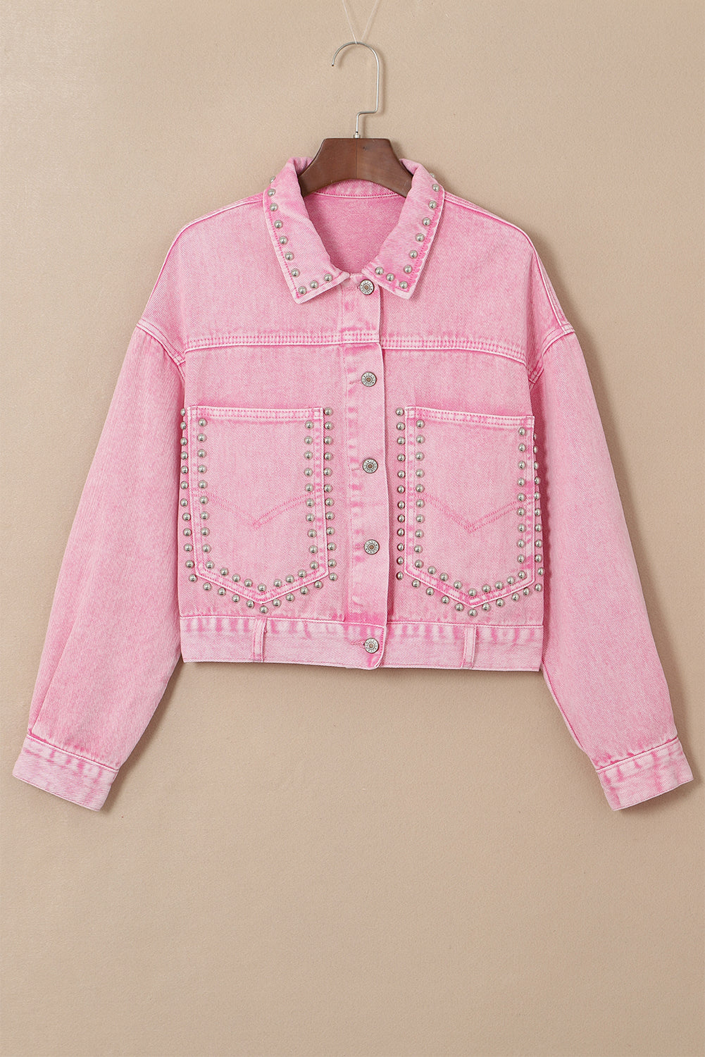 Denim Jacket Pink Rivet Studded Pocketed
