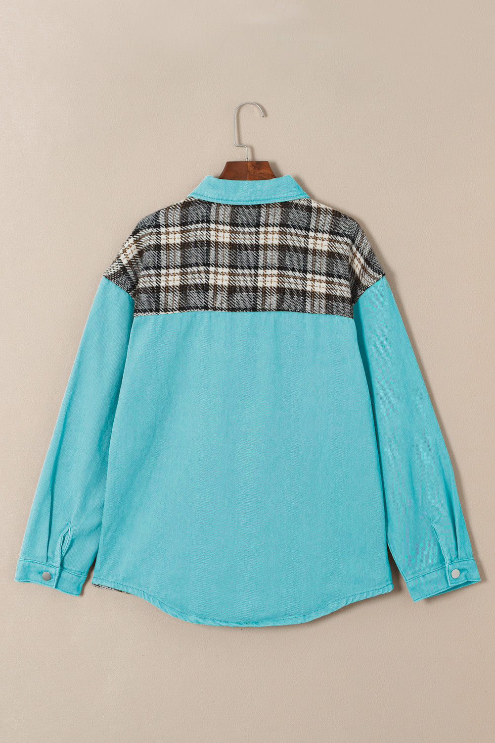 Denim Jacket Sky Blue Plaid Patchwork Pockets