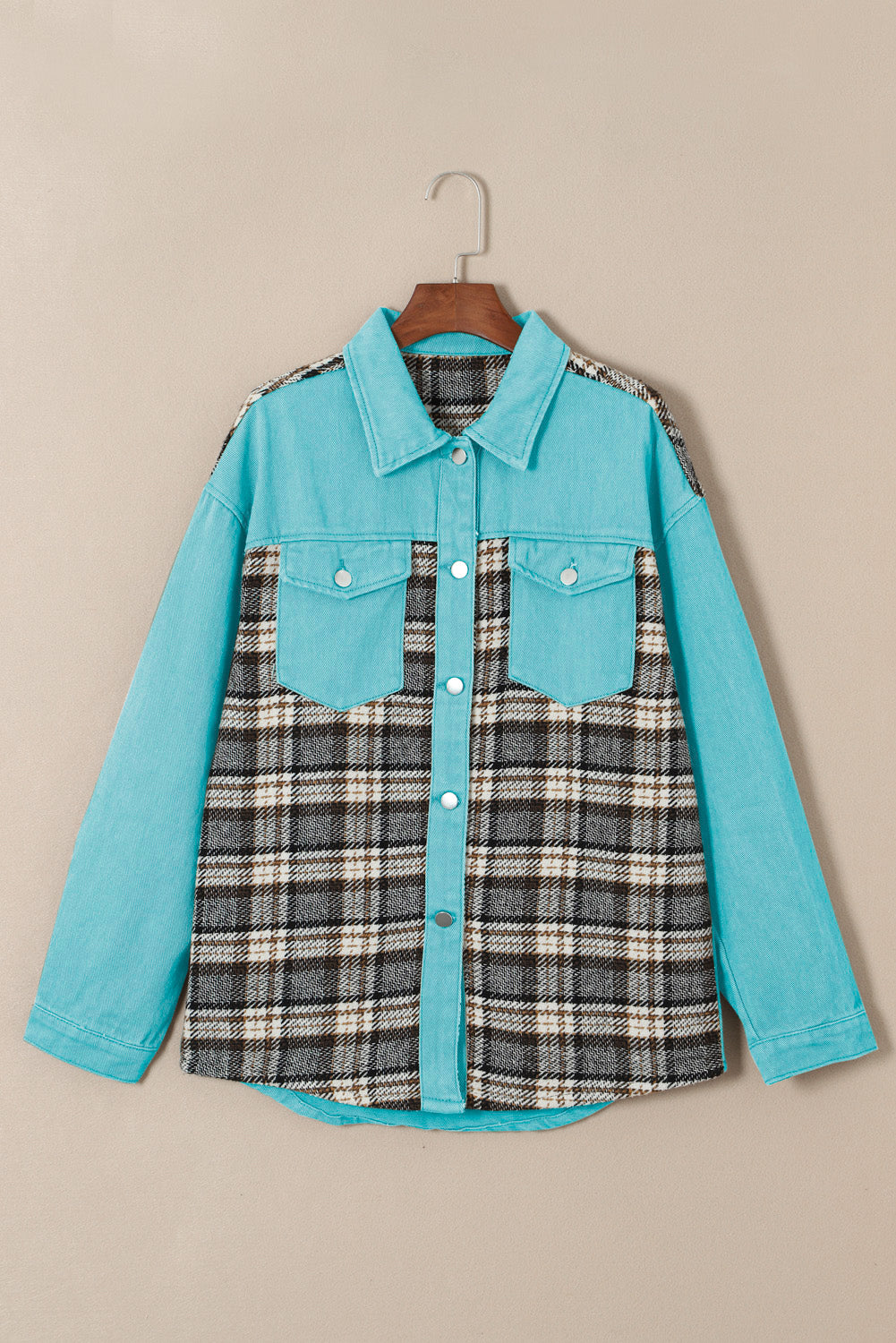 Denim Jacket Sky Blue Plaid Patchwork Pockets