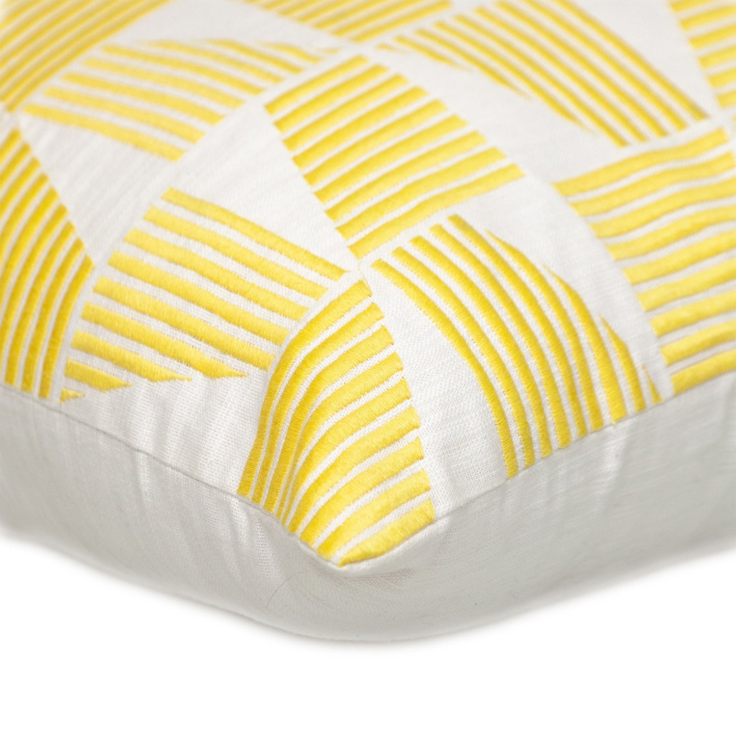 18" Yellow and White Geometric Cotton Throw Pillow With Embroidery-4