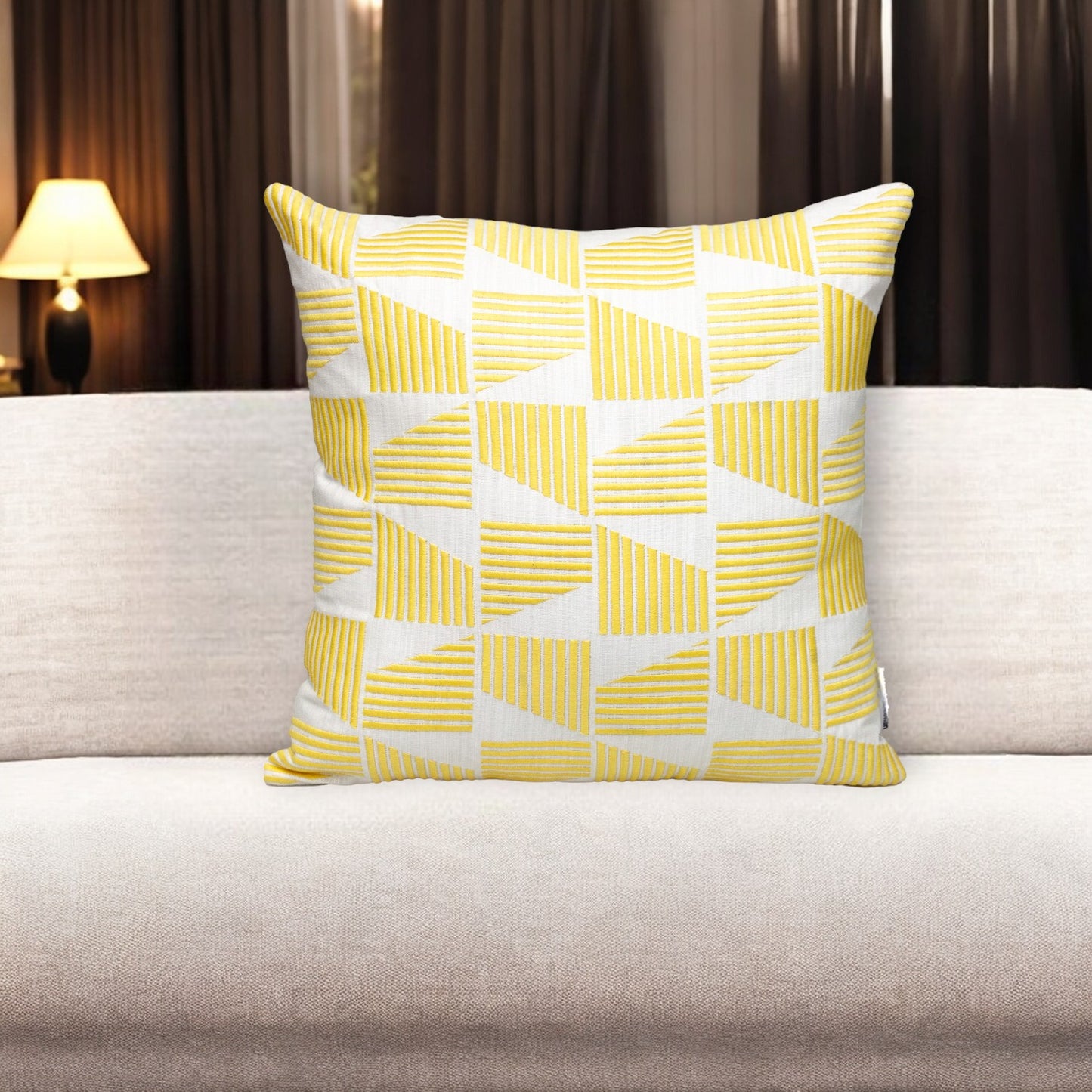 18" Yellow and White Geometric Cotton Throw Pillow With Embroidery-0