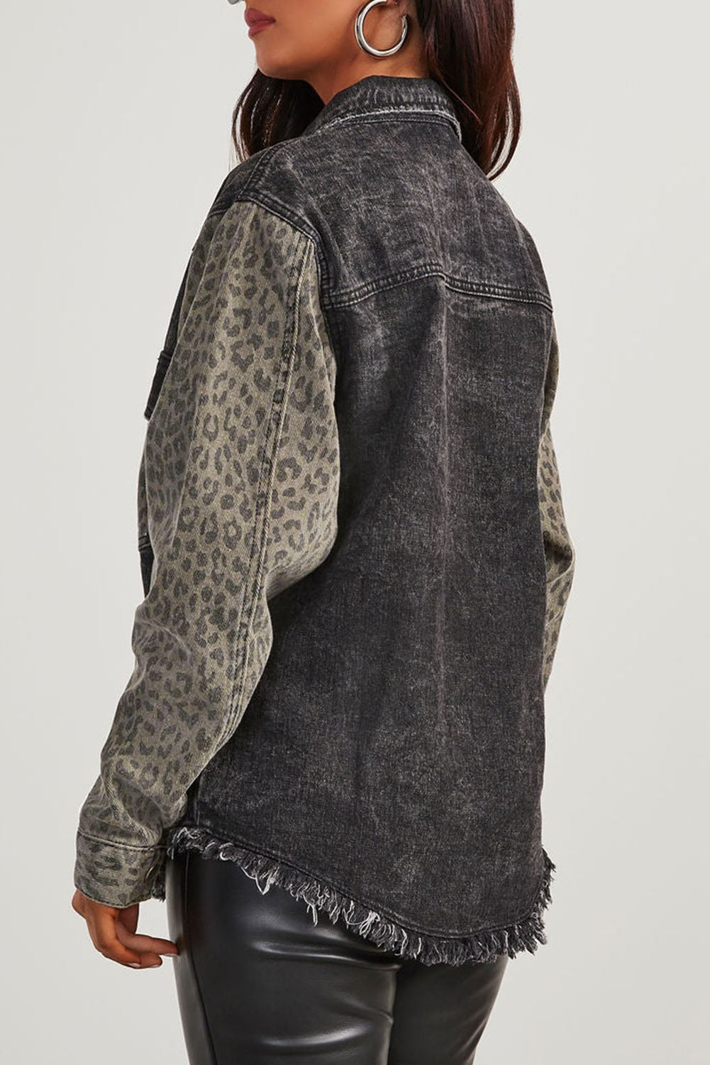 Denim Jacket Black Leopard Patch Pocket Vintage Raw Hem