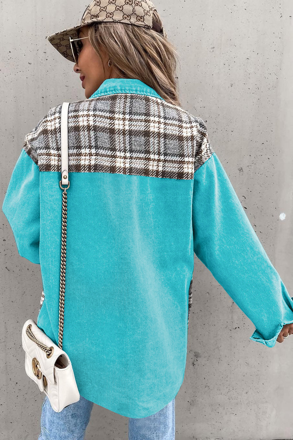 Denim Jacket Sky Blue Plaid Patchwork Pockets