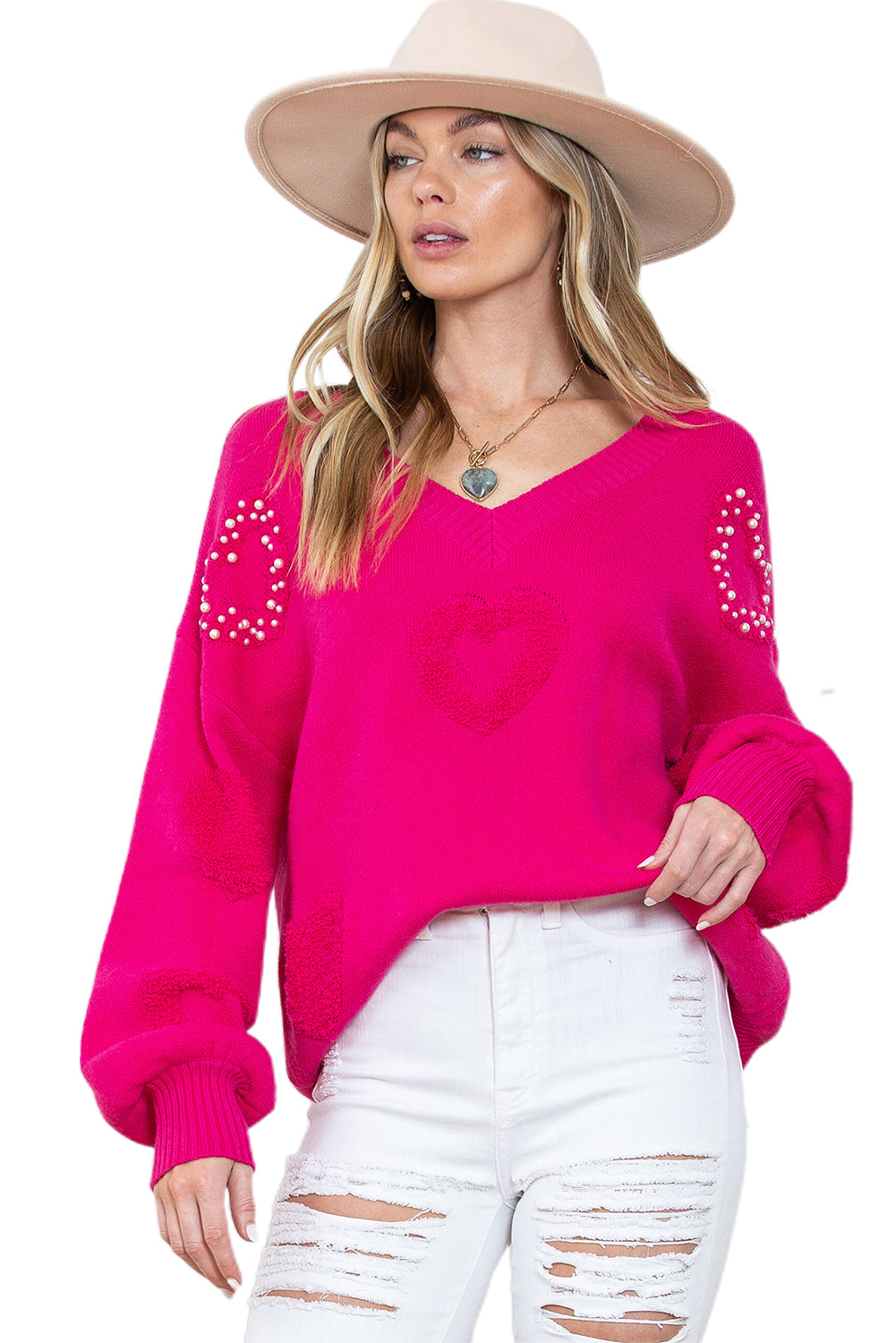 Sweater Rose Red Pearl Embellished Fuzzy Hearts V Neck