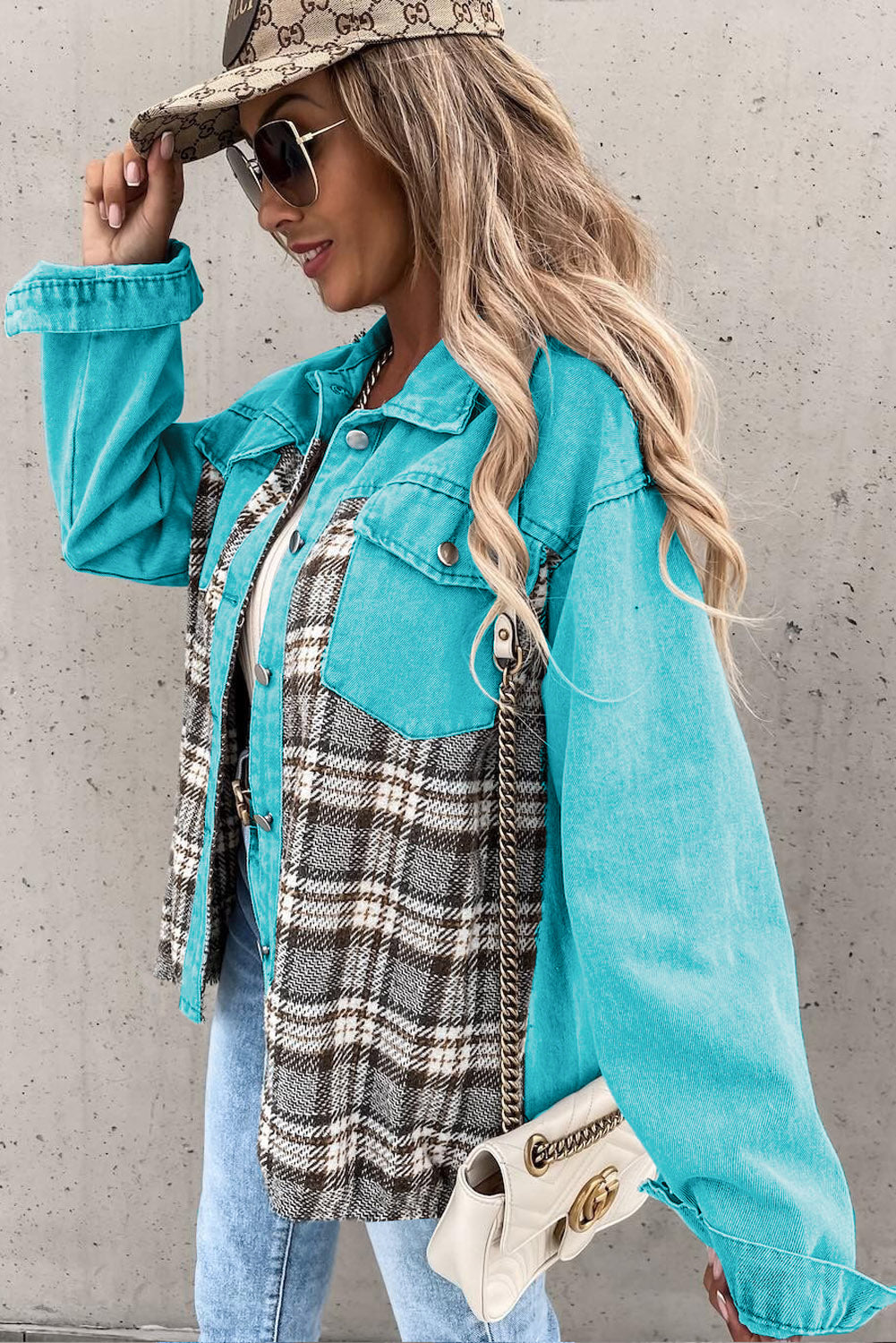 Denim Jacket Sky Blue Plaid Patchwork Pockets