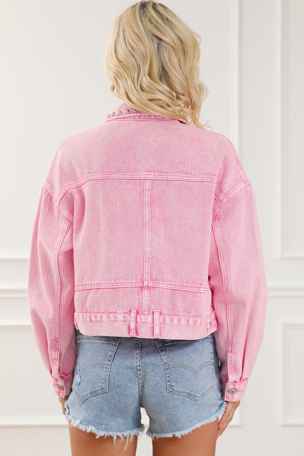 Denim Jacket Pink Rivet Studded Pocketed
