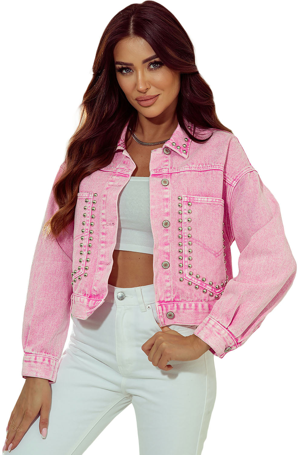 Denim Jacket Pink Rivet Studded Pocketed