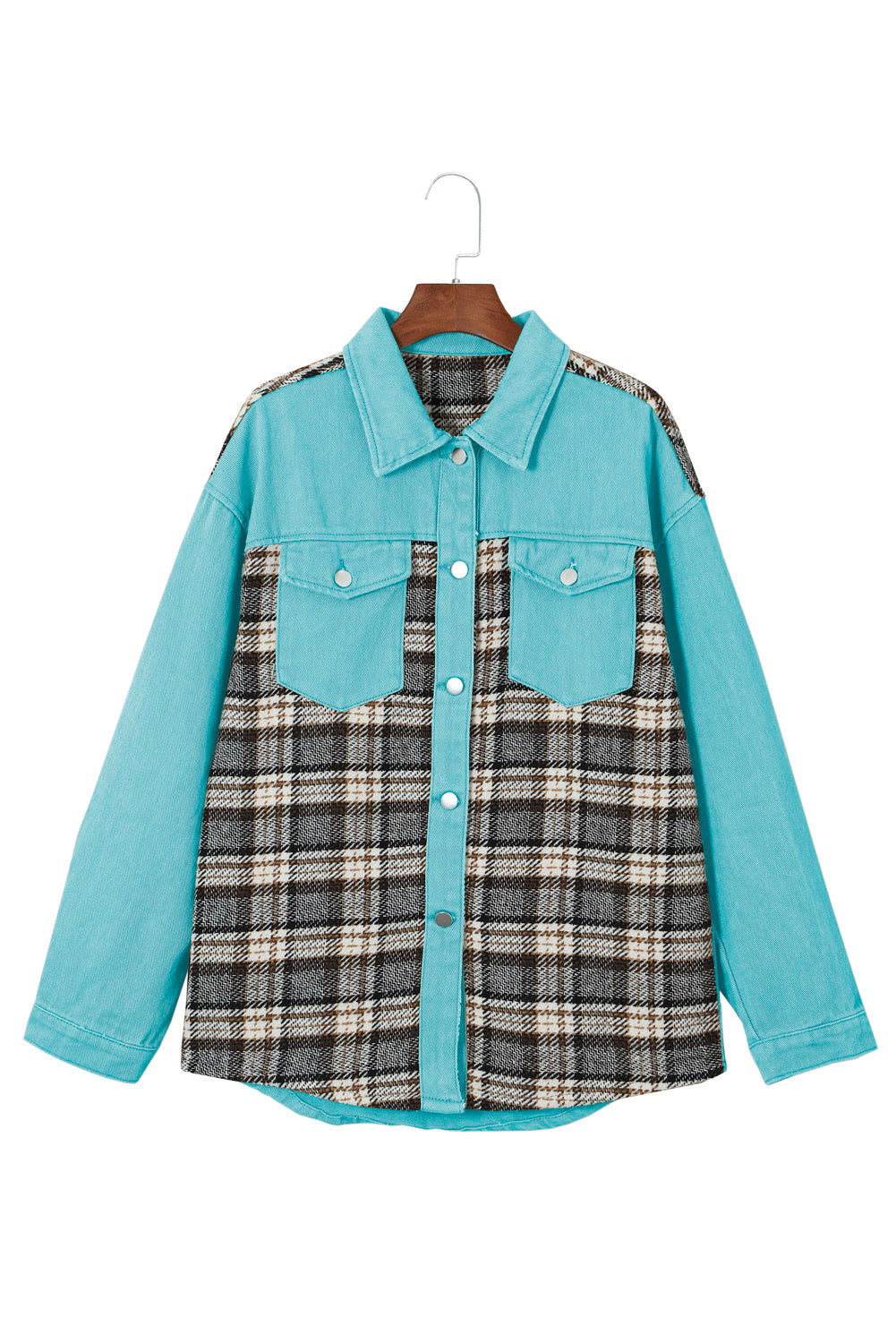 Denim Jacket Sky Blue Plaid Patchwork Pockets