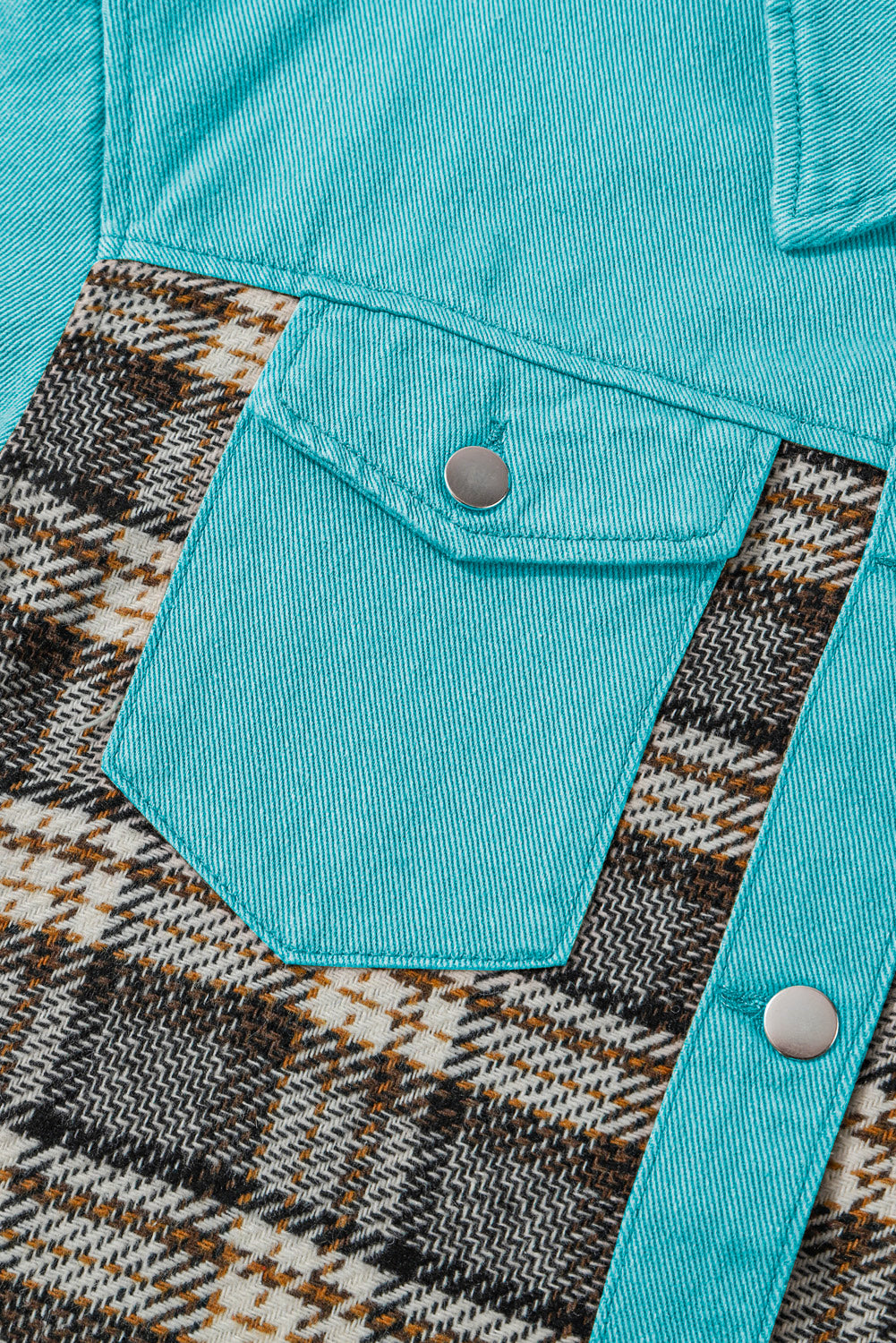 Denim Jacket Sky Blue Plaid Patchwork Pockets