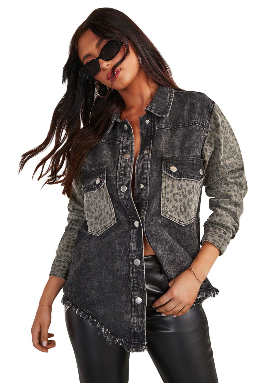 Denim Jacket Black Leopard Patch Pocket Vintage Raw Hem