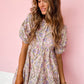 Pink Floral Button Shirt Collar Puff Sleeve Ruffle Dress