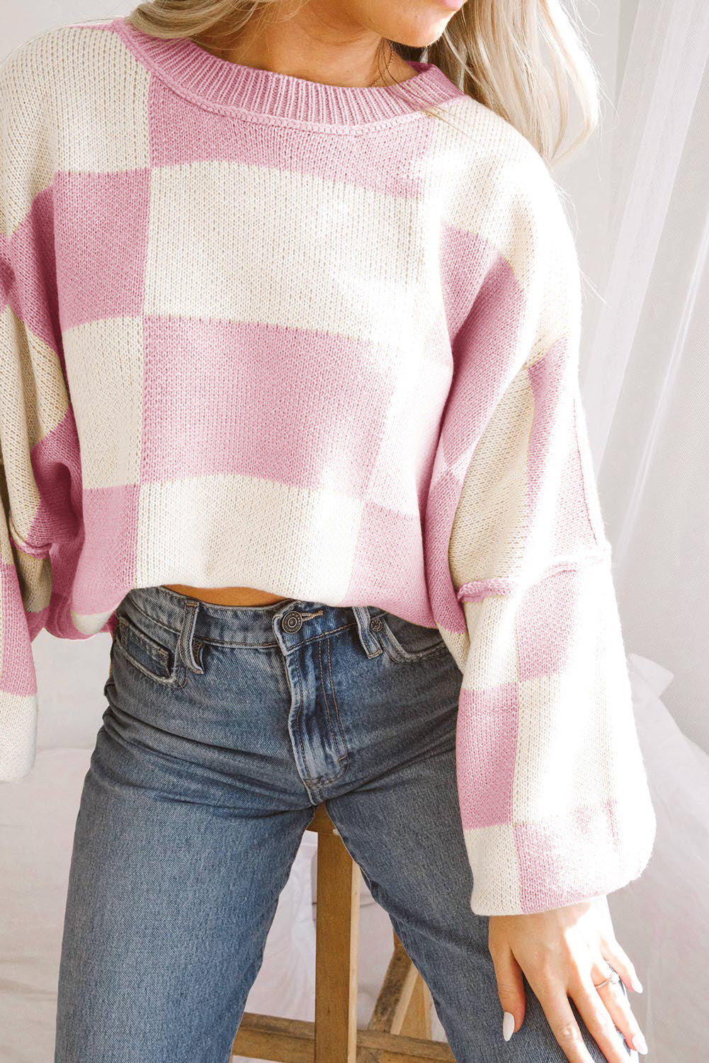 Sweater Pink Checkered Bishop Sleeve