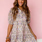 Pink Floral Button Shirt Collar Puff Sleeve Ruffle Dress