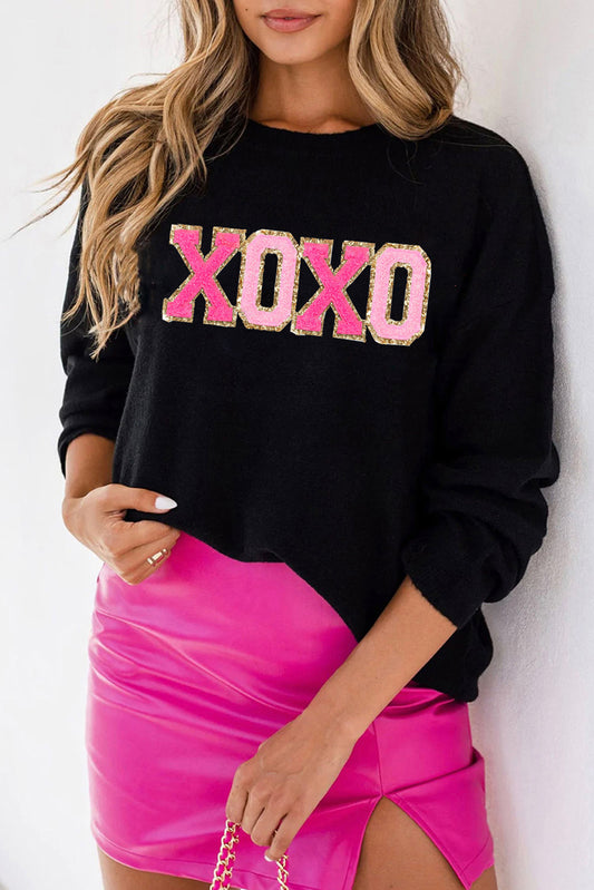 Sweater Black XOXO Glitter Print Round Neck