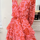 Fiery Red Floral Ruffle Layered Puff Sleeve Surplice Dress