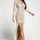 Apricot Cut Out Thigh High Split Sequin Maxi Dress