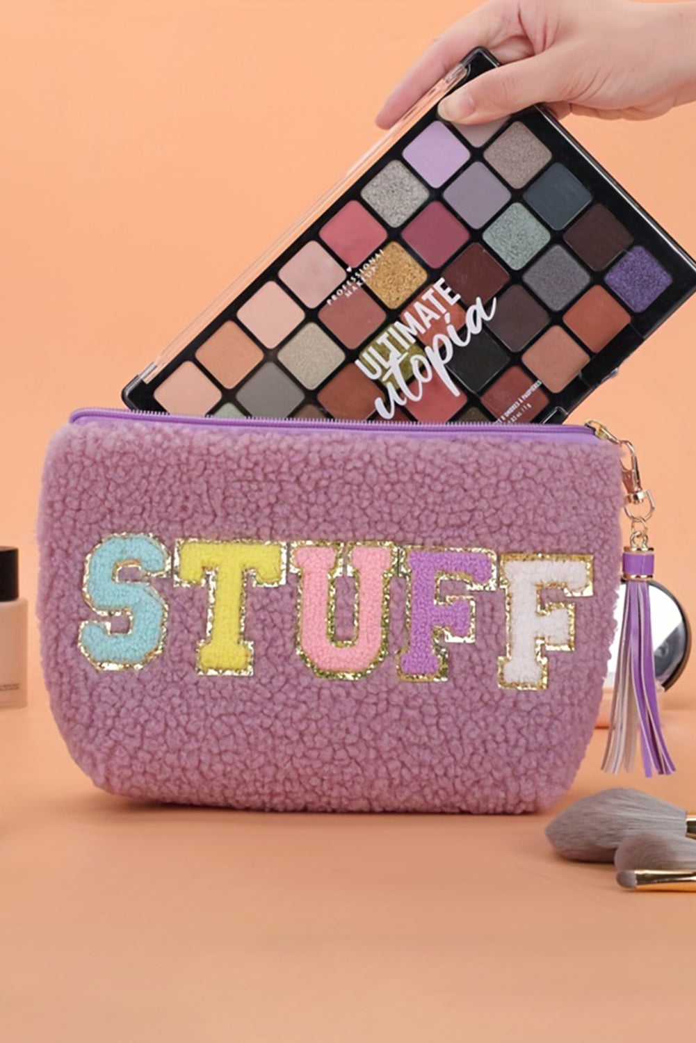 Makeup Bag Sparkle Letter Pattern Tassel Zipper