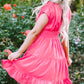 Strawberry Pink Ruched Sleeve V Neck Smock Waist Tiered Ruffled Dress