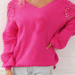 Sweater Rose Red Pearl Embellished Fuzzy Hearts V Neck