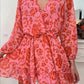 Fiery Red Floral Ruffle Layered Puff Sleeve Surplice Dress