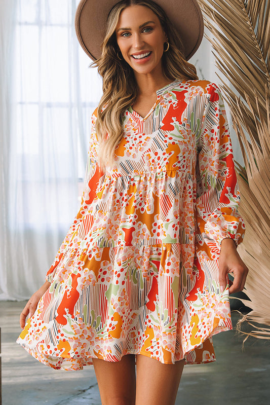 Printed Dress Multicolour Split Neck Puff Sleeve Flowy