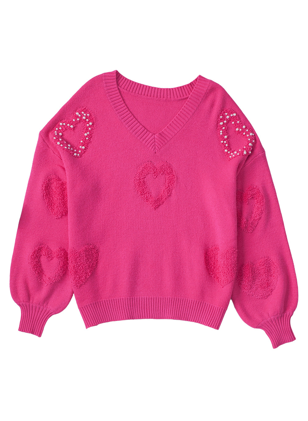 Sweater Rose Red Pearl Embellished Fuzzy Hearts V Neck