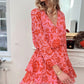 Fiery Red Floral Ruffle Layered Puff Sleeve Surplice Dress