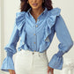 Ruffled Button Up Long Sleeve Denim Top