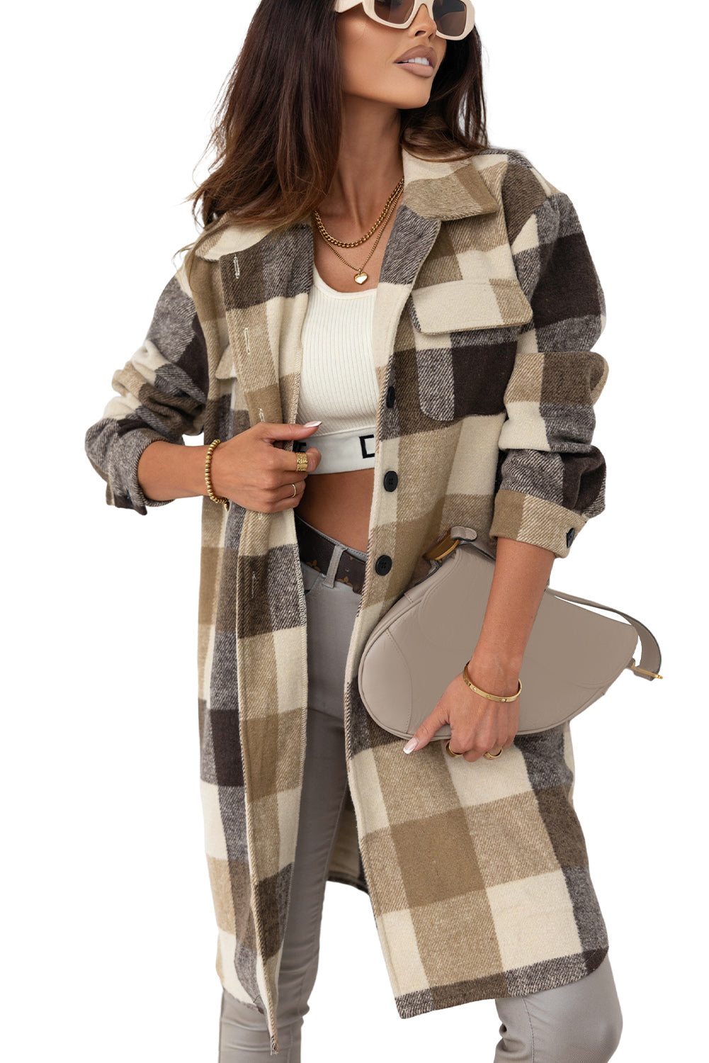 Khaki Plaid Button-Down Flap Pocket Long Shacket