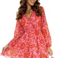 Fiery Red Floral Ruffle Layered Puff Sleeve Surplice Dress