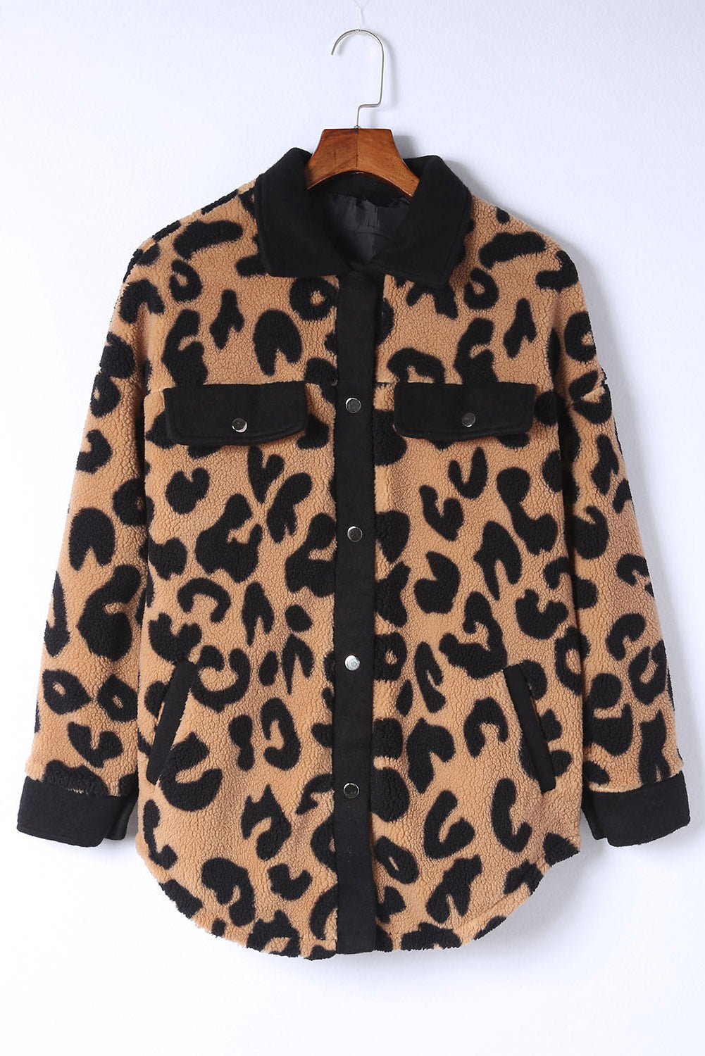 Jacket Shacket Shirt Black Contrast Trimmed Leopard Teddy