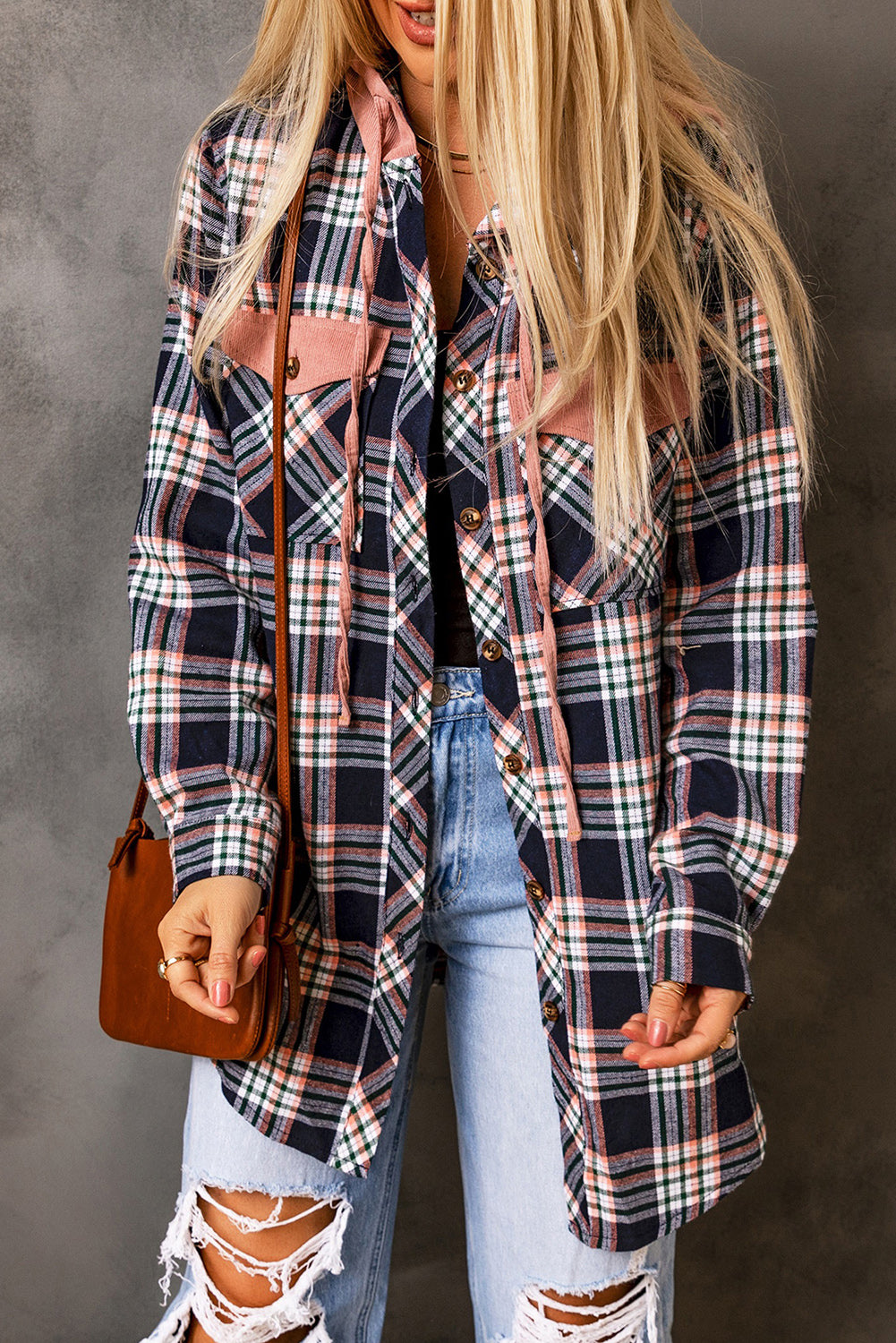 Jacket Shirt Jacket Pink Plaid Contrast Hooded Drawstring