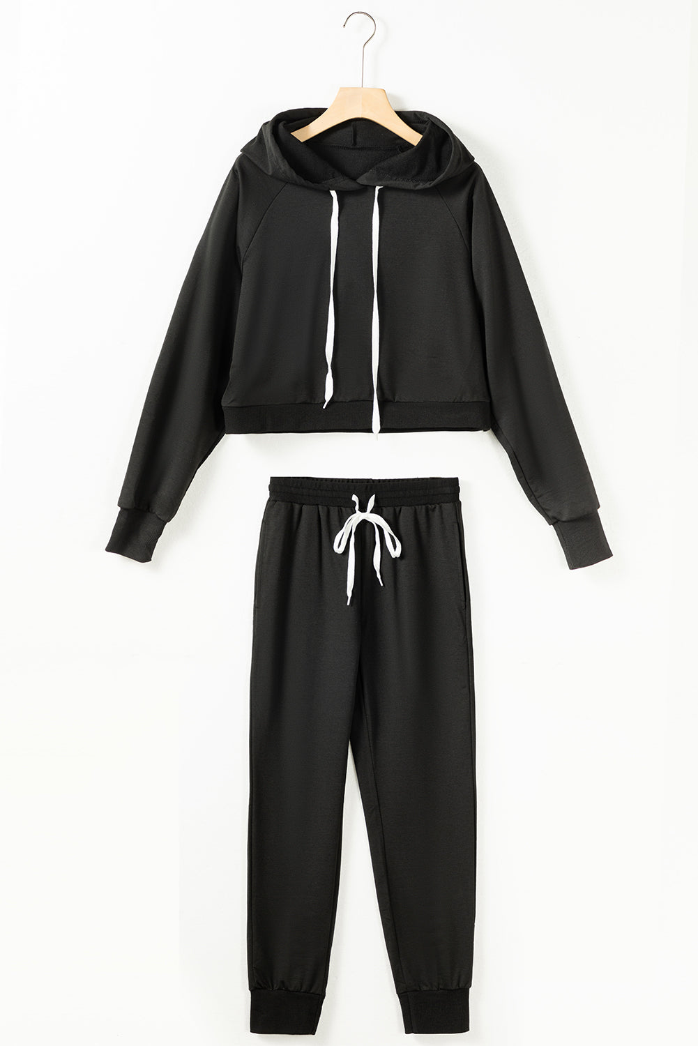 Sweatsuit Black Drawstring Hoodie and High Waist