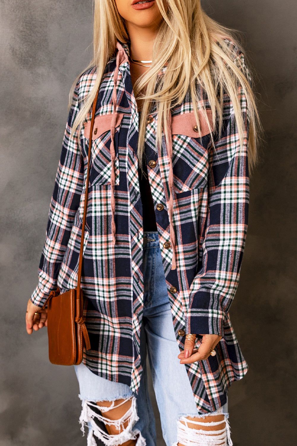 Jacket Shirt Jacket Pink Plaid Contrast Hooded Drawstring