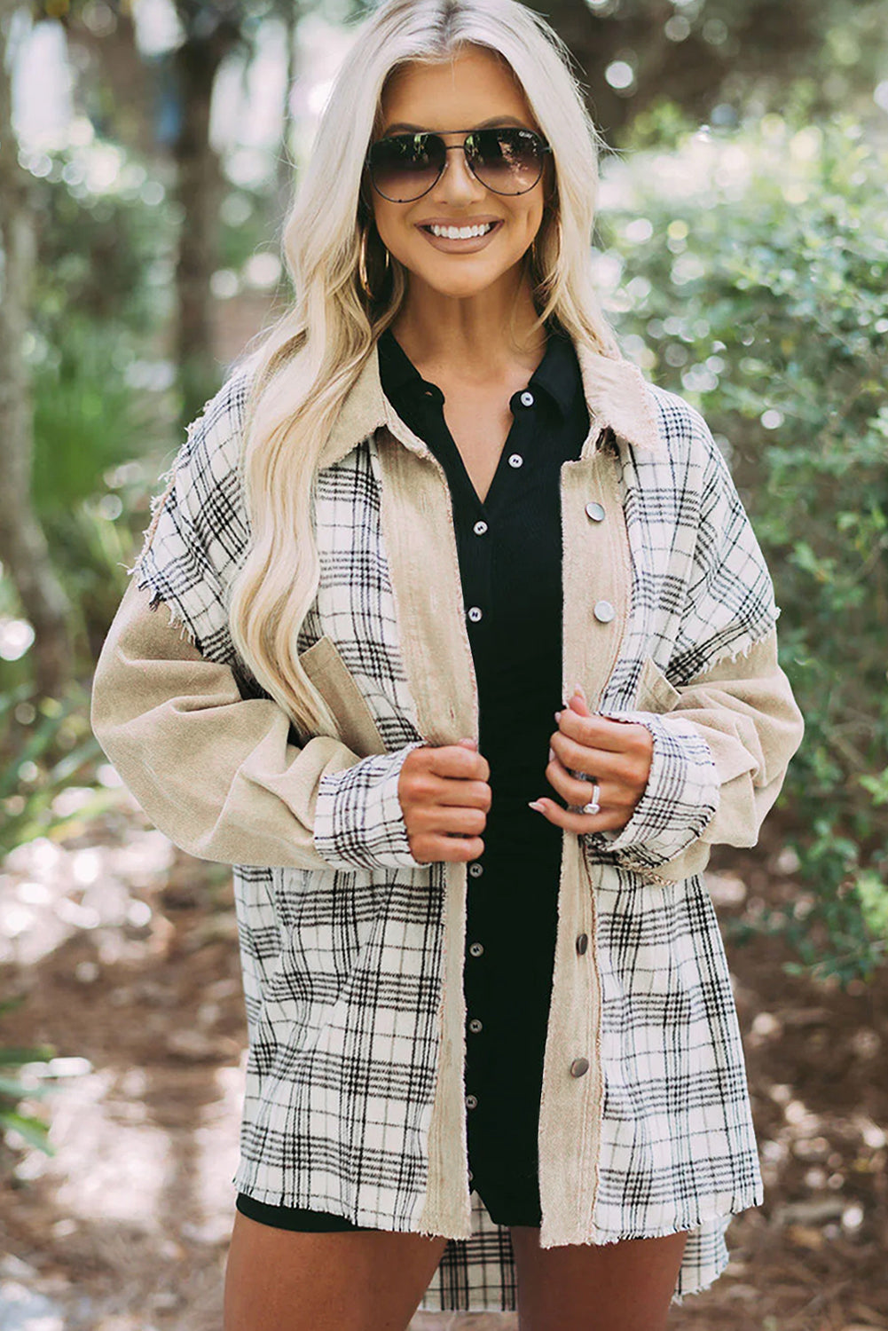 Khaki Distressed Raw Edge Plaid Patchwork Denim Jacket