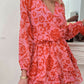 Fiery Red Floral Ruffle Layered Puff Sleeve Surplice Dress