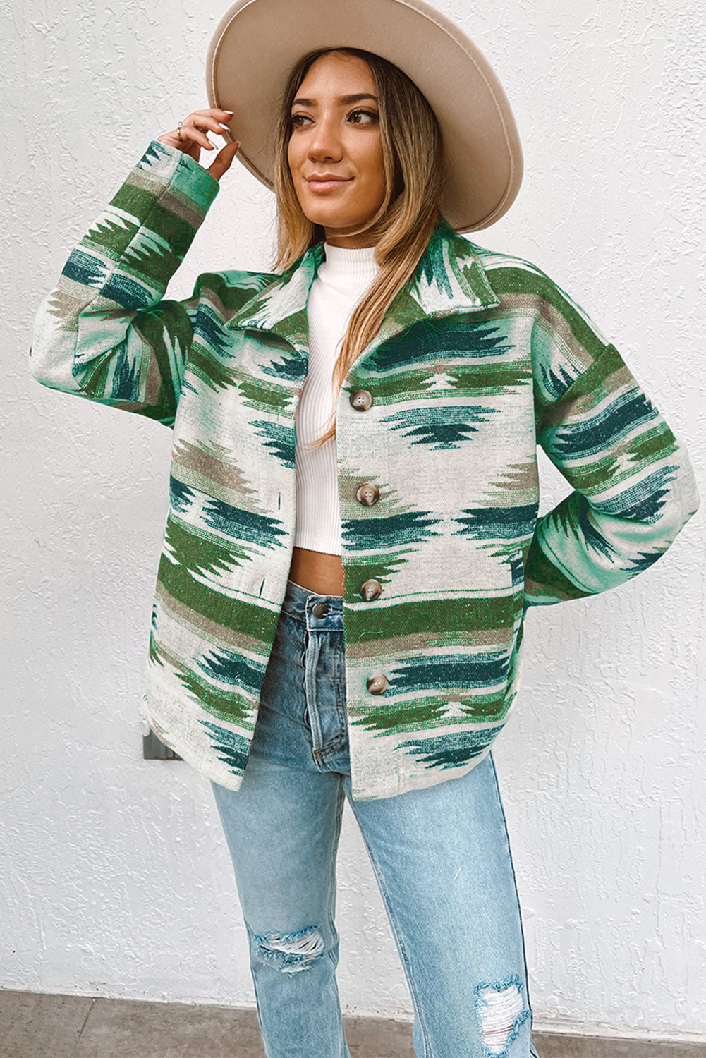 Blackish Green Aztec Print Button Up Long Sleeve Jacket