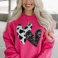 Sweat Shirt Pink Cow & Sequin Double Heart Patch Graphic