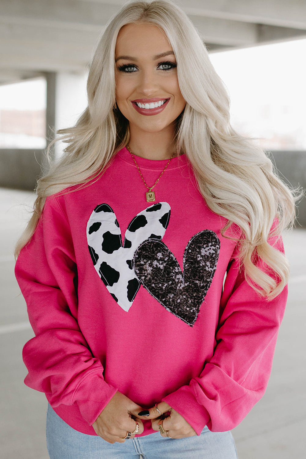 Sweat Shirt Pink Cow & Sequin Double Heart Patch Graphic