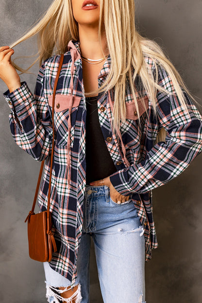 Jacket Shirt Jacket Pink Plaid Contrast Hooded Drawstring