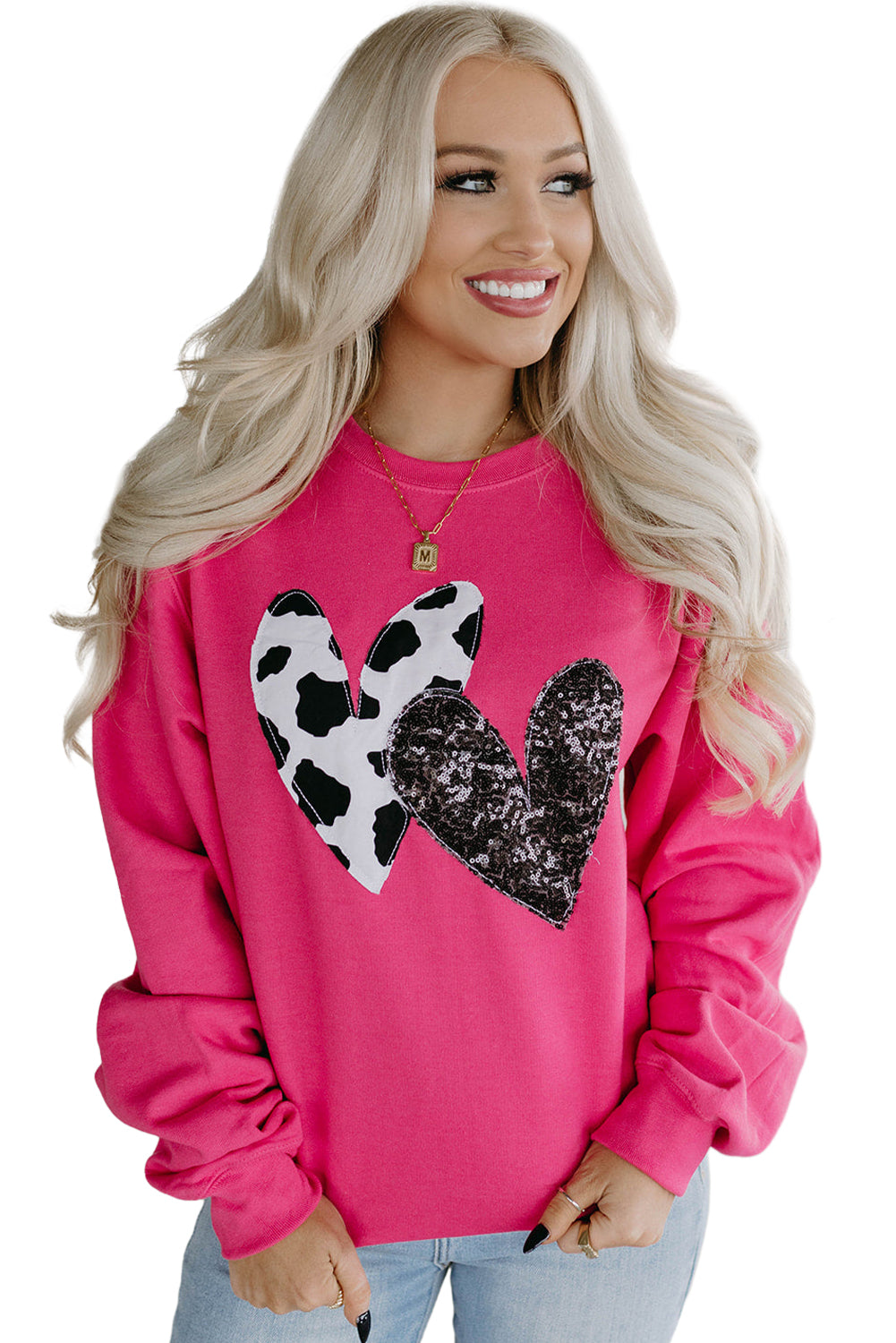 Sweat Shirt Pink Cow & Sequin Double Heart Patch Graphic