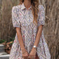 Pink Floral Button Shirt Collar Puff Sleeve Ruffle Dress