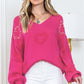 Sweater Rose Red Pearl Embellished Fuzzy Hearts V Neck