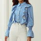 Ruffled Button Up Long Sleeve Denim Top