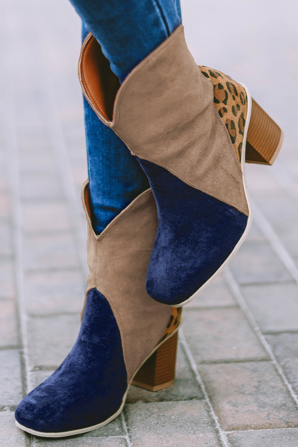 Boots Leopard Print Color Block Patchwork Heeled