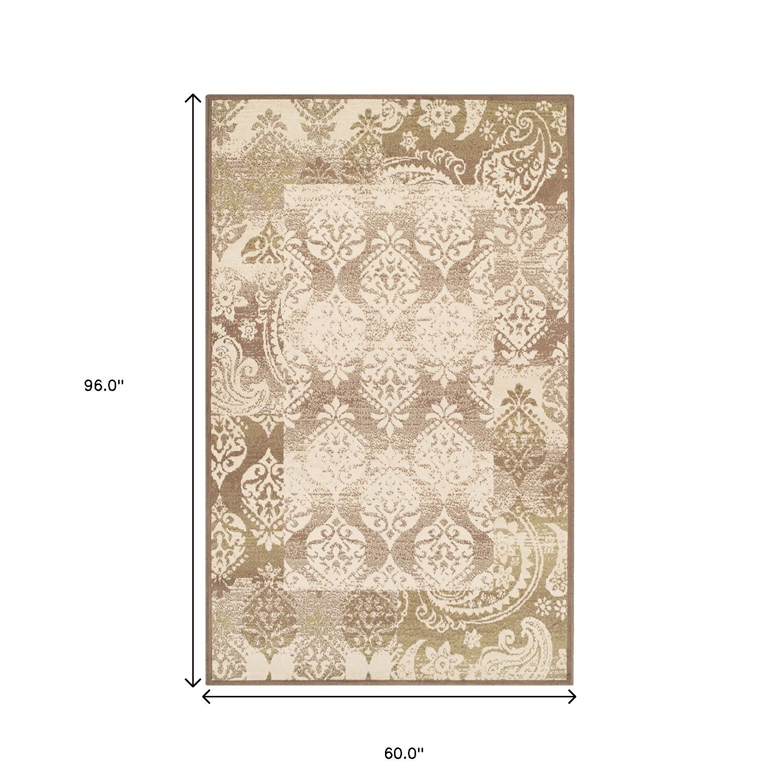 5' X 8' Brown Damask Power Loom Distressed Stain Resistant Area Rug-2