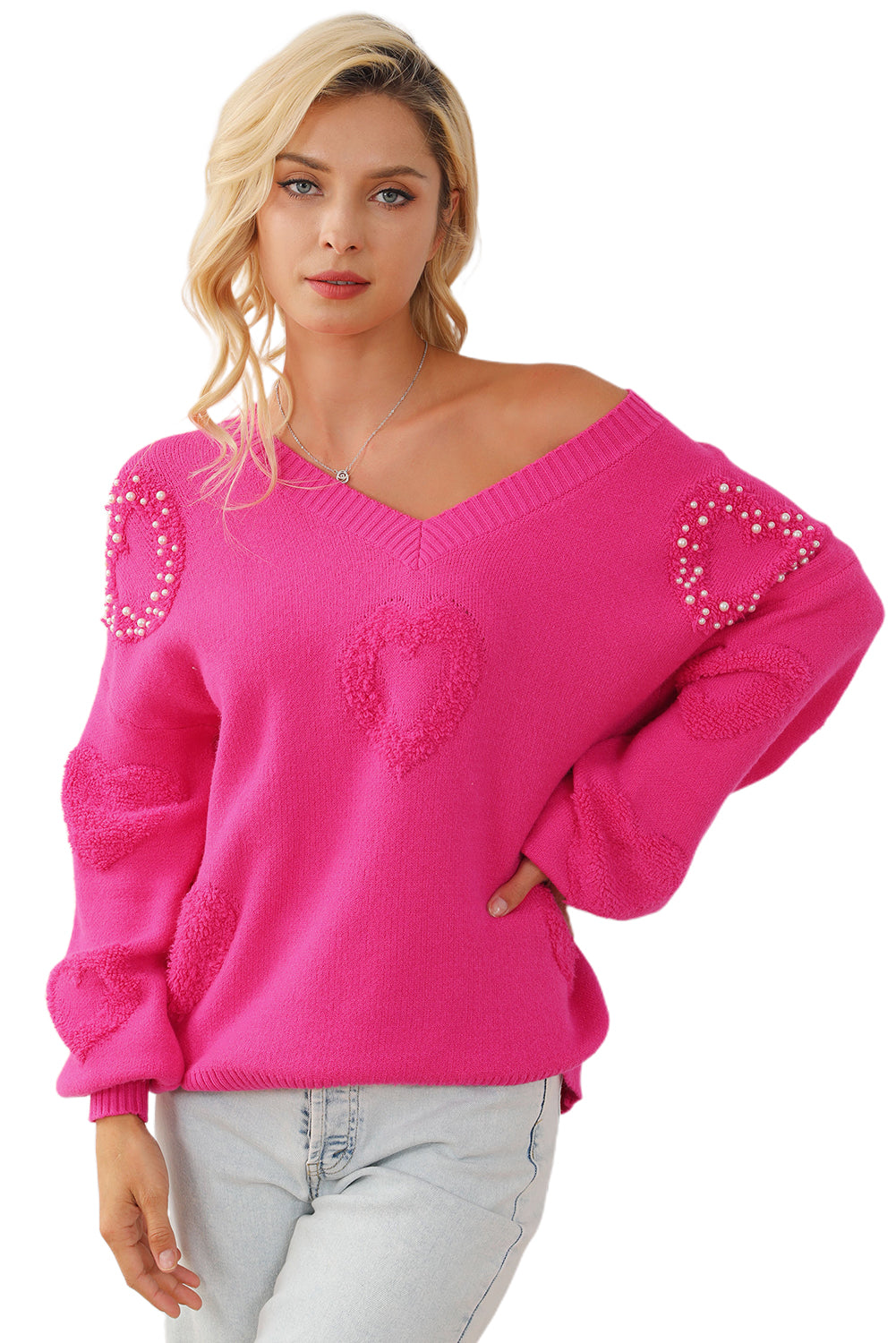 Sweater Rose Red Pearl Embellished Fuzzy Hearts V Neck