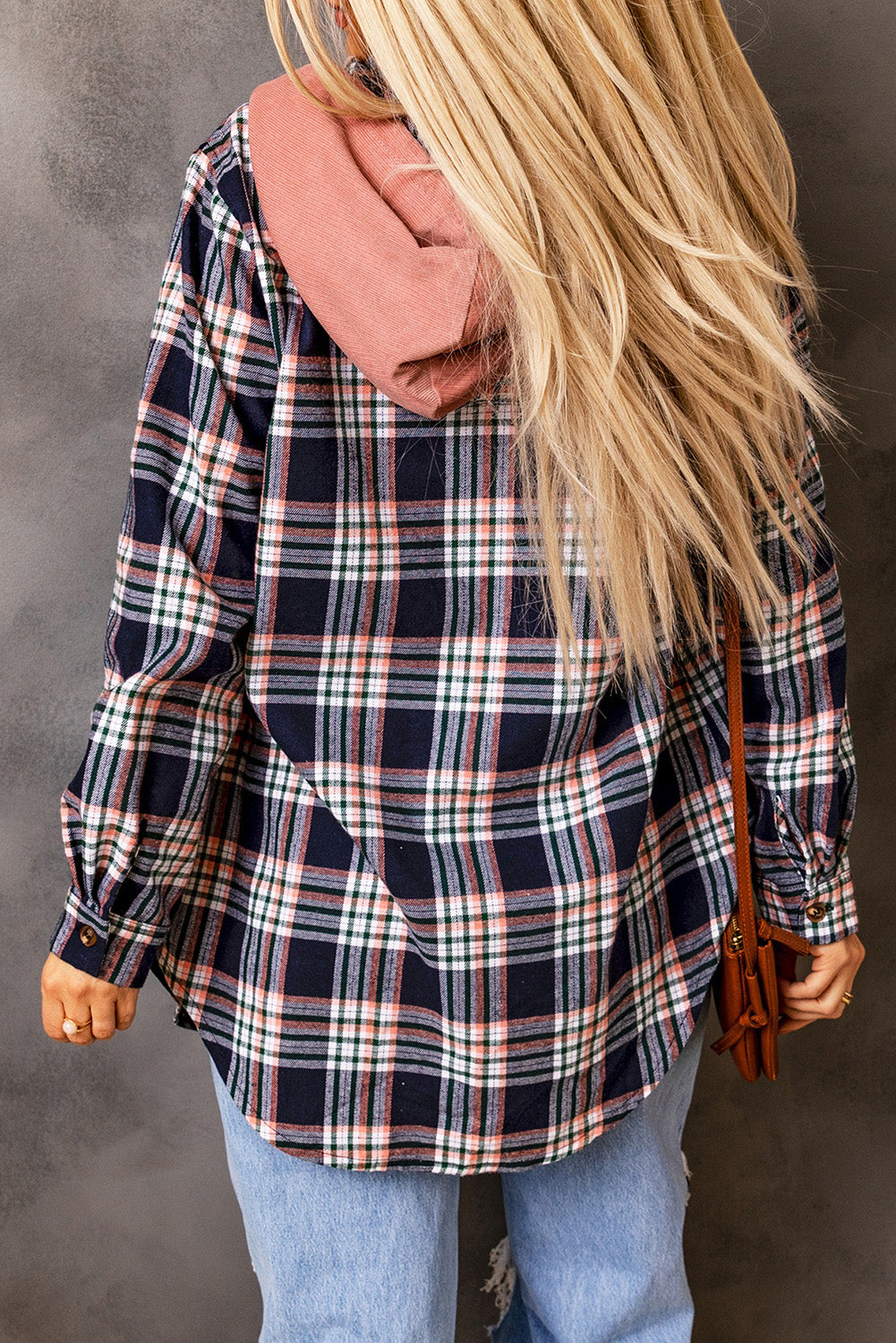 Jacket Shirt Jacket Pink Plaid Contrast Hooded Drawstring