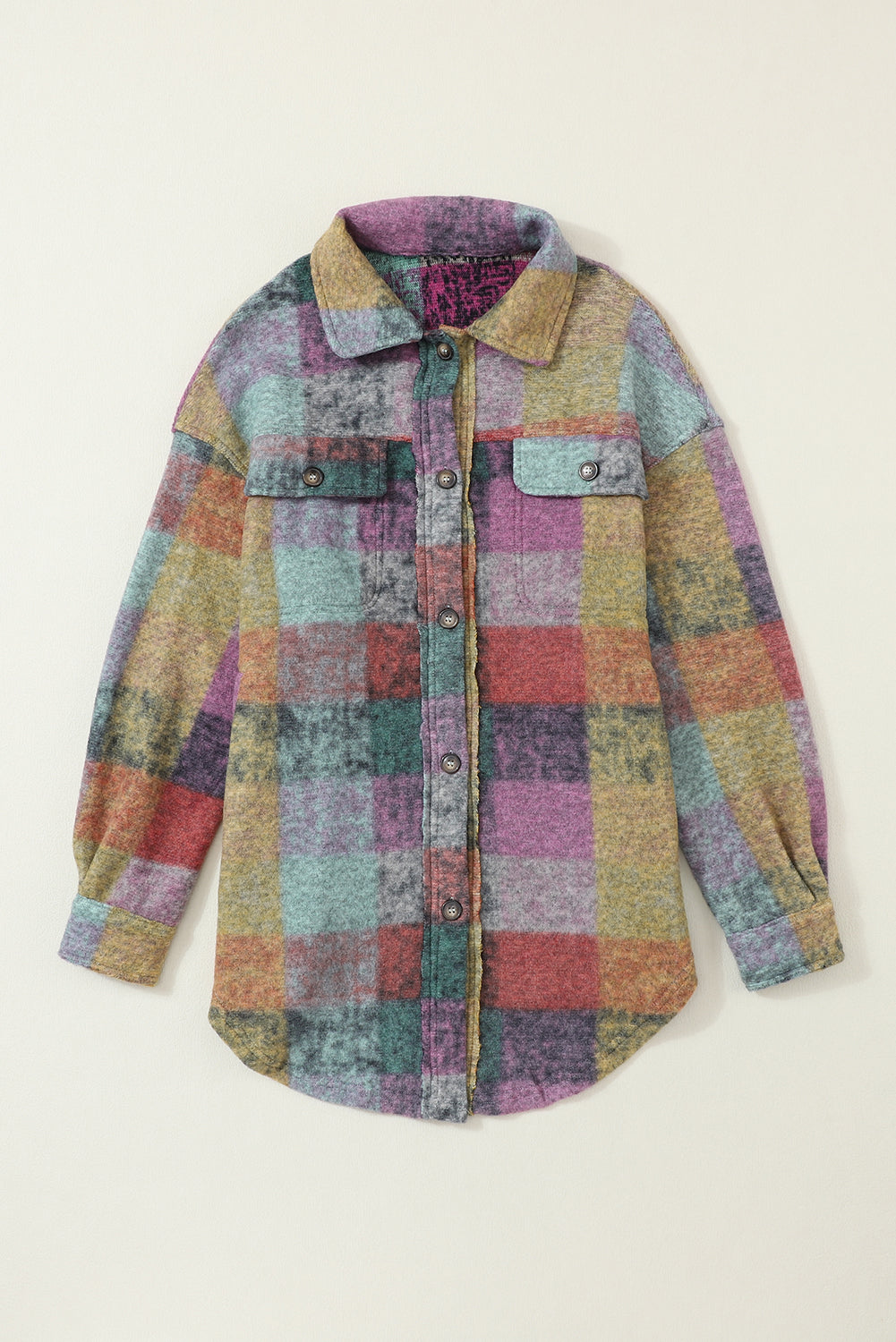 Jacket Shirt Multicolor Brushed Plaid Pocketed Oversize