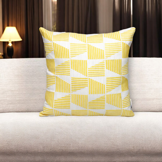 18" Yellow and White Geometric Cotton Throw Pillow With Embroidery-0